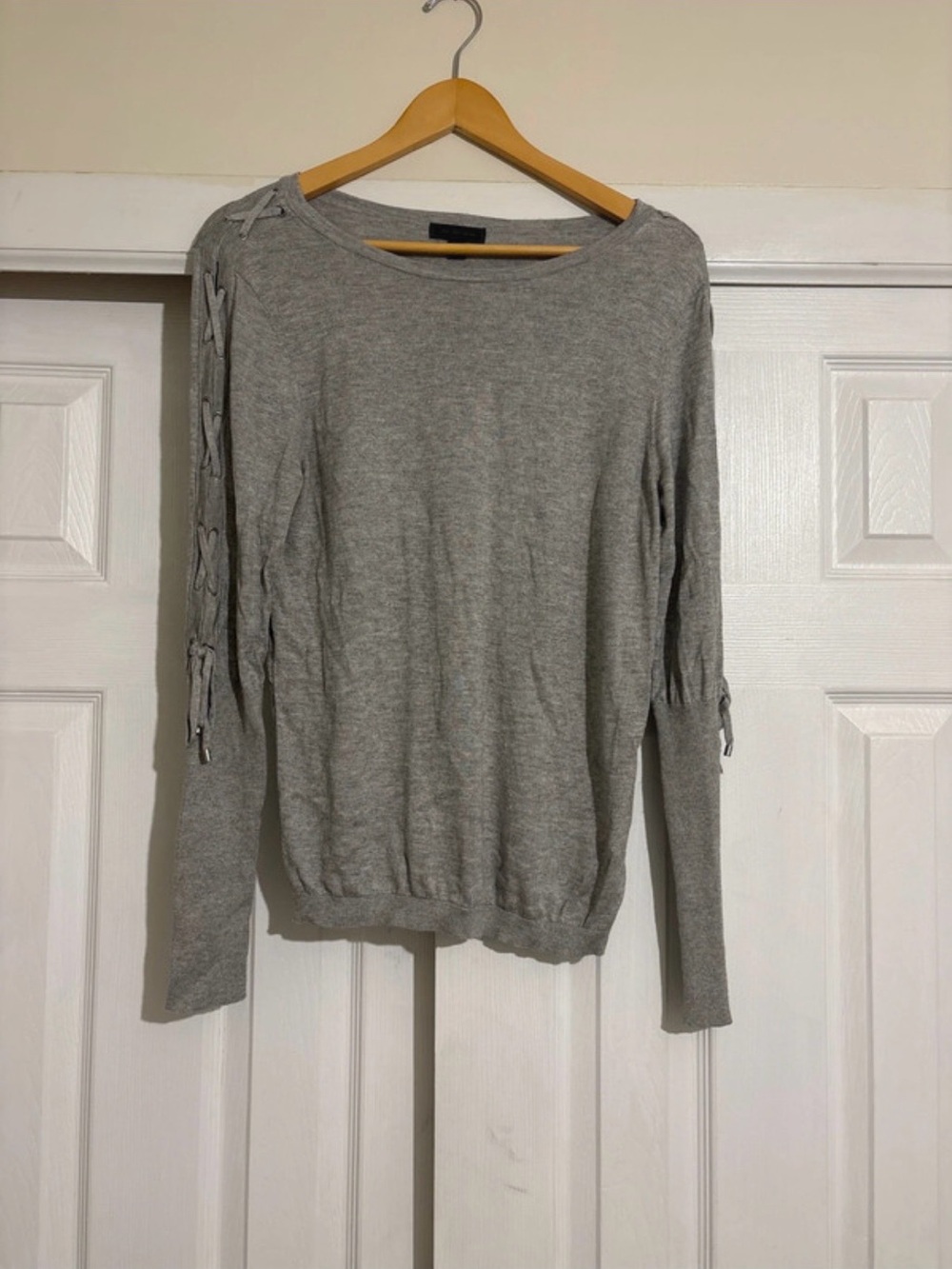 Saks Fifth Avenue Gray Crewneck Sweater with Lace-Up Sleeves